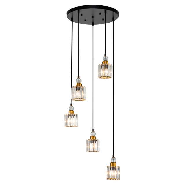 5-Light Glam Modern Luxury Crystal Pendant Lighting Adjustable Hanging Light for Kitchen Island Dining Room Bedroom Bar in Painted Black+Brass Finish