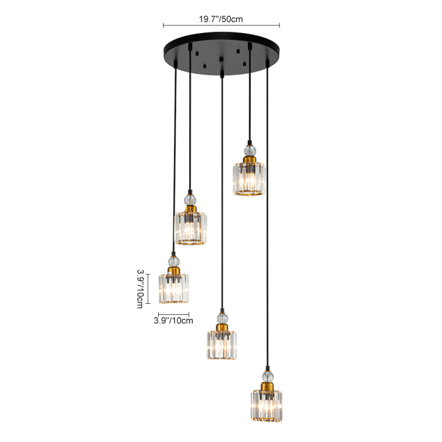 5-Light Glam Modern Luxury Crystal Pendant Lighting Adjustable Hanging Light for Kitchen Island Dining Room Bedroom Bar in Painted Black+Brass Finish