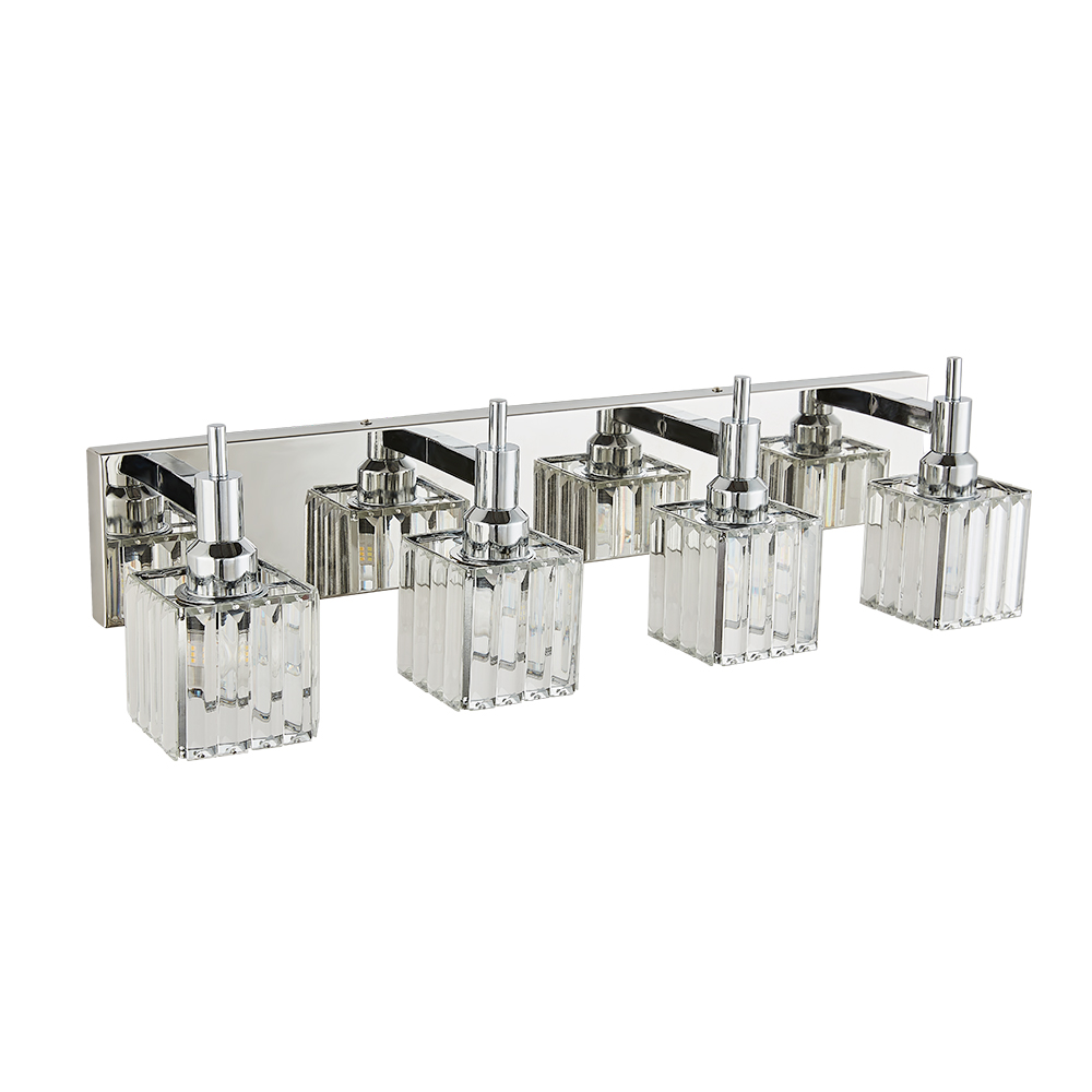 Glam Modern 27.6" Wide 4 Light Crystal Square Wall Sconce Vanity Light in Chrome/ Black+Brass Finish for Mirror Bedroom Bathroom Hallway