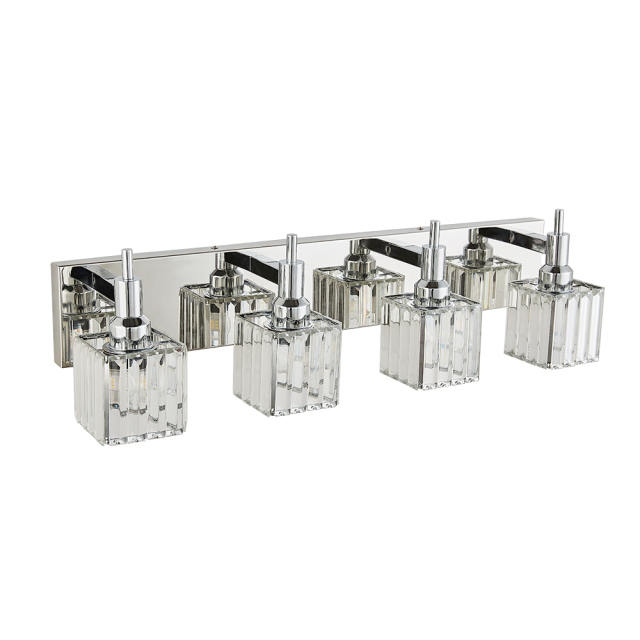 Glam Modern 27.6" Wide 4 Light Crystal Square Wall Sconce Vanity Light in Chrome/ Black+Brass Finish for Mirror Bedroom Bathroom Hallway