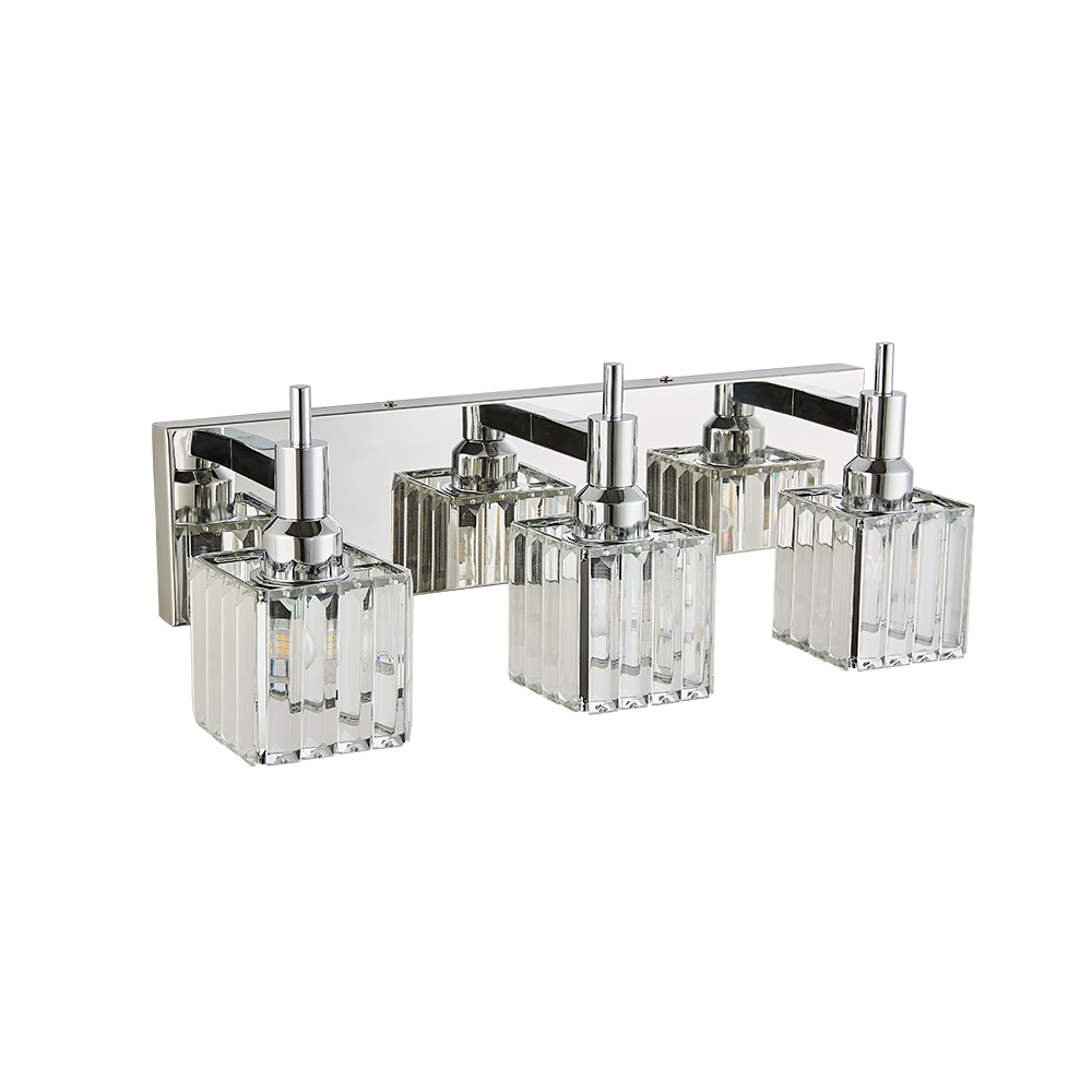 Glam Modern 19.7" Wide 3 Light Crystal Square Wall Sconce Vanity Light in Chrome/ Black+Brass Finish for Bedroom Bathroom Hallway