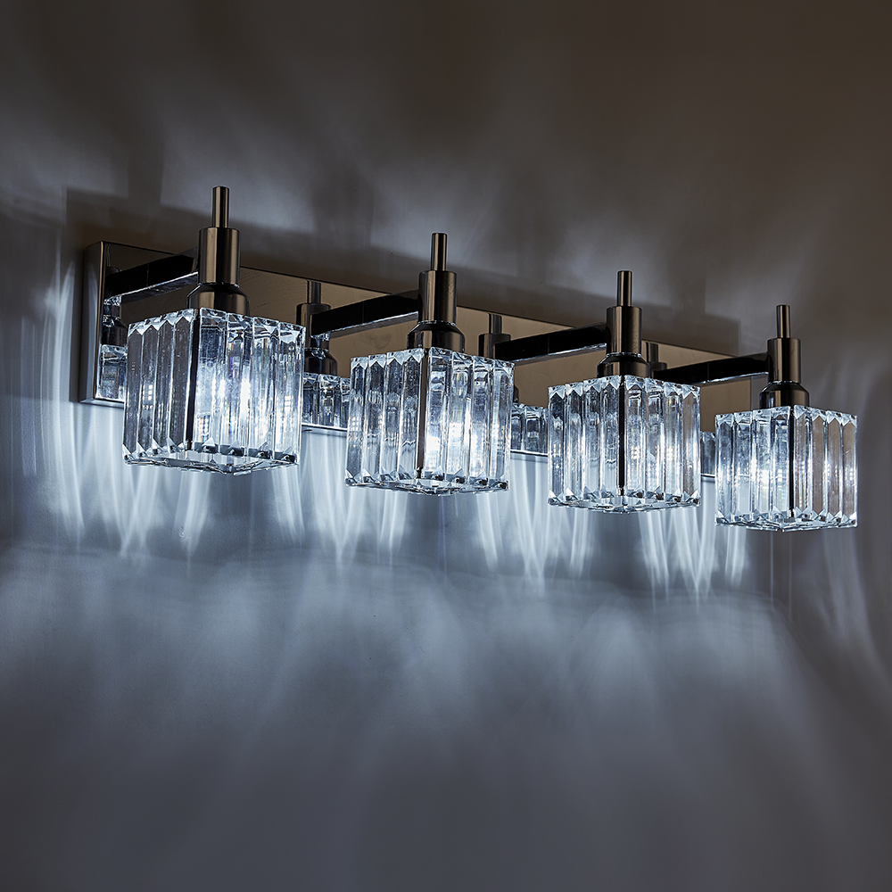 Glam Modern 27.6" Wide 4 Light Crystal Square Wall Sconce Vanity Light in Chrome/ Black+Brass Finish for Mirror Bedroom Bathroom Hallway