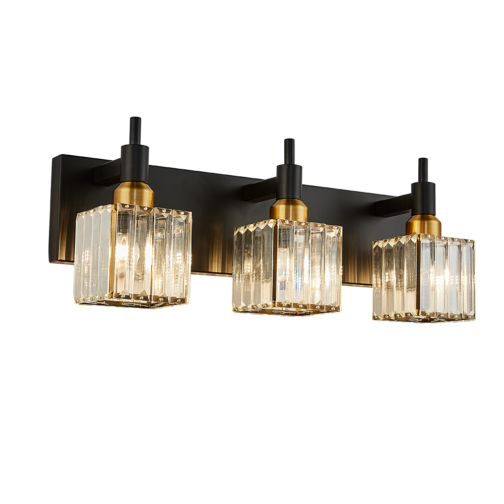 Glam Modern 19.7" Wide 3 Light Crystal Square Wall Sconce Vanity Light in Chrome/ Black+Brass Finish for Bedroom Bathroom Hallway