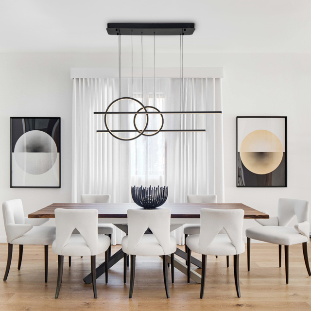 LED Modern Two Ring Black Linear Chandelier in 3000K Warm White for Bedroom Living Room Dining Room