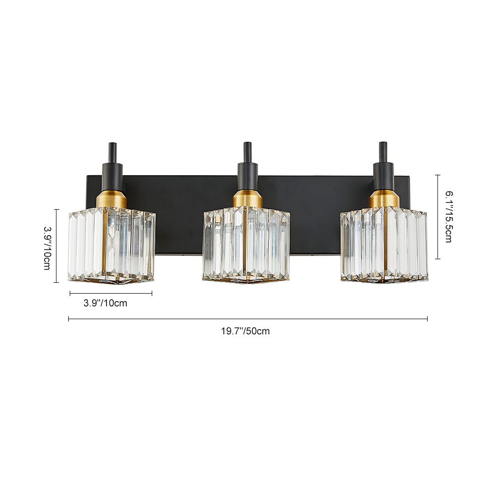 Glam Modern 19.7" Wide 3 Light Crystal Square Wall Sconce Vanity Light in Chrome/ Black+Brass Finish for Bedroom Bathroom Hallway