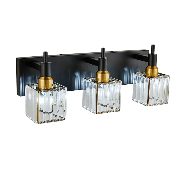 Glam Modern 19.7" Wide 3 Light Crystal Square Wall Sconce Vanity Light in Chrome/ Black+Brass Finish for Bedroom Bathroom Hallway