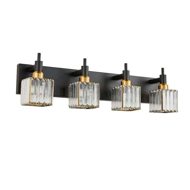Glam Modern 27.6" Wide 4 Light Crystal Square Wall Sconce Vanity Light in Chrome/ Black+Brass Finish for Mirror Bedroom Bathroom Hallway