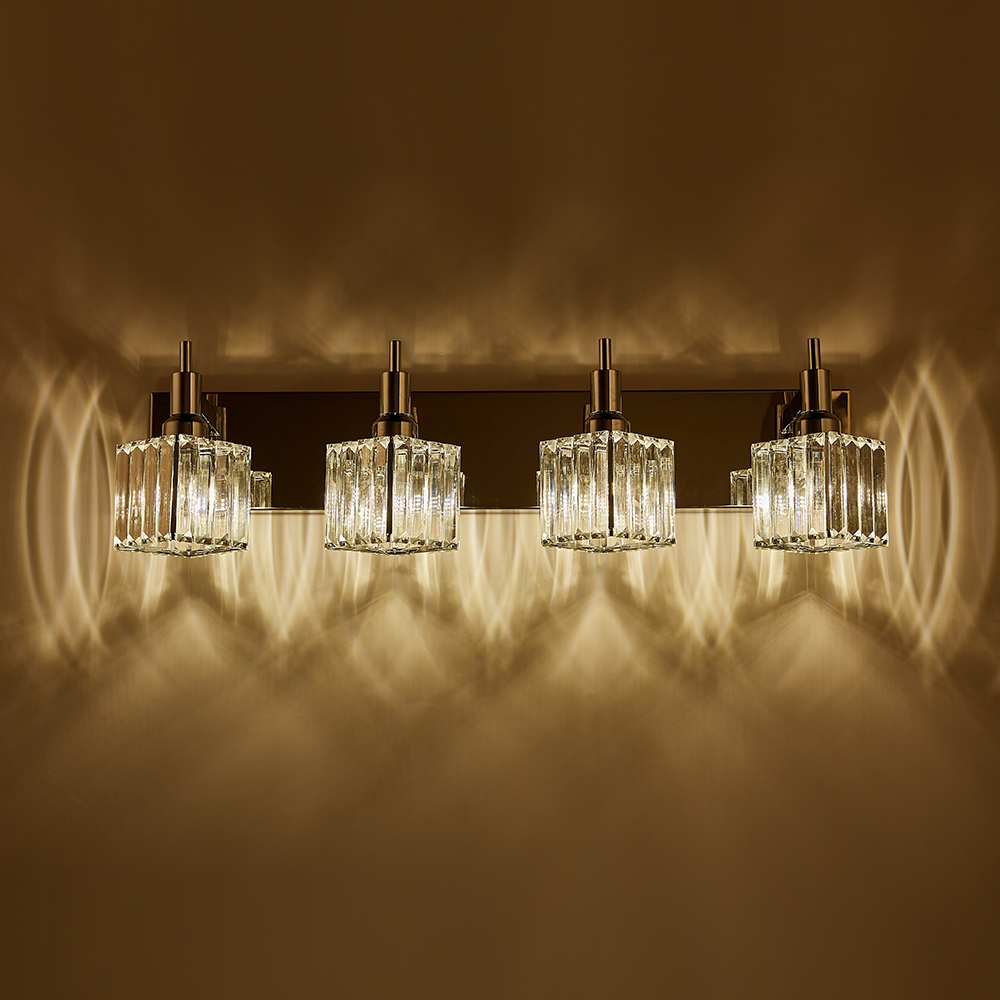 Glam Modern 27.6" Wide 4 Light Crystal Square Wall Sconce Vanity Light in Chrome/ Black+Brass Finish for Mirror Bedroom Bathroom Hallway