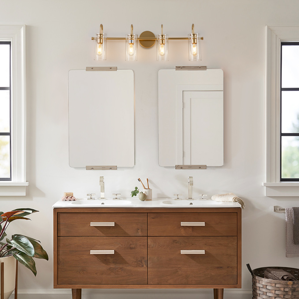 Modern Brass Cylinder Glass Shade Wall Sconces Wall Lights Over Mirror Bathroom Vanity Light for Entryway/ Living Room/ Bedroom
