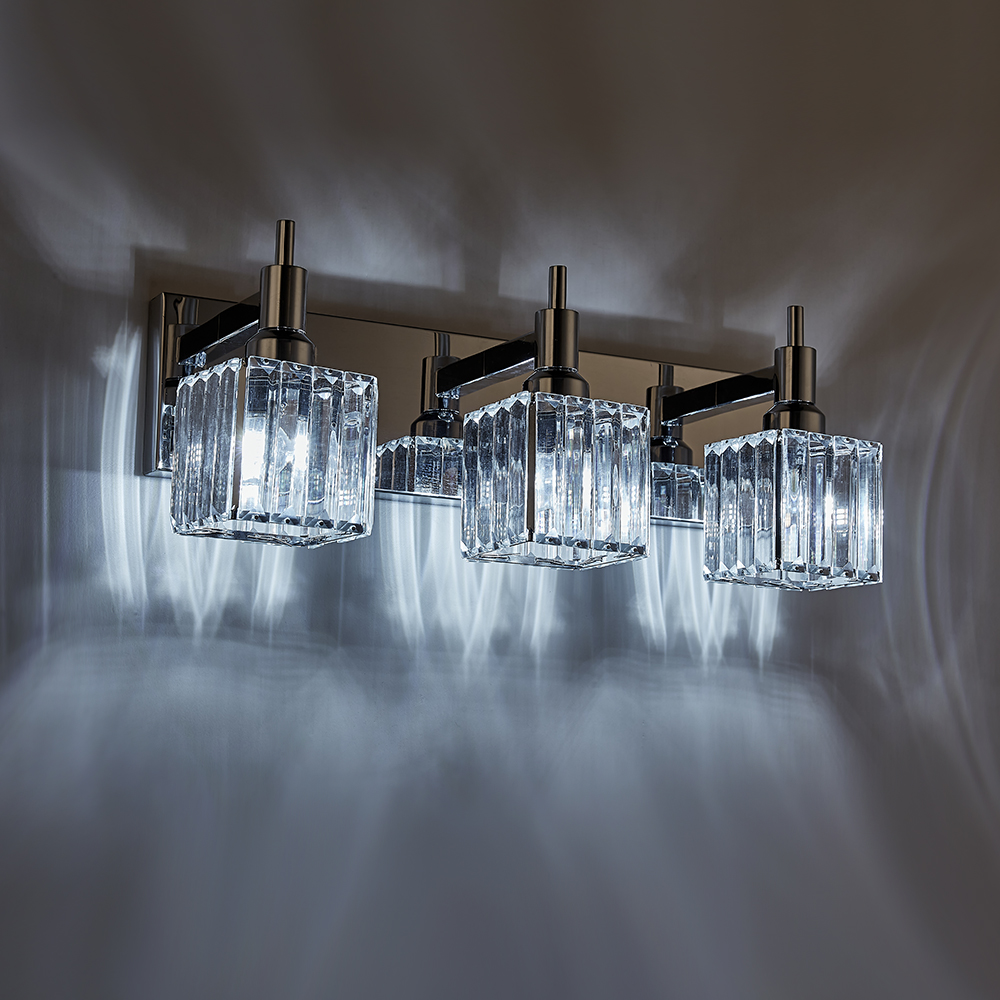 Glam Modern 19.7" Wide 3 Light Crystal Square Wall Sconce Vanity Light in Chrome/ Black+Brass Finish for Bedroom Bathroom Hallway