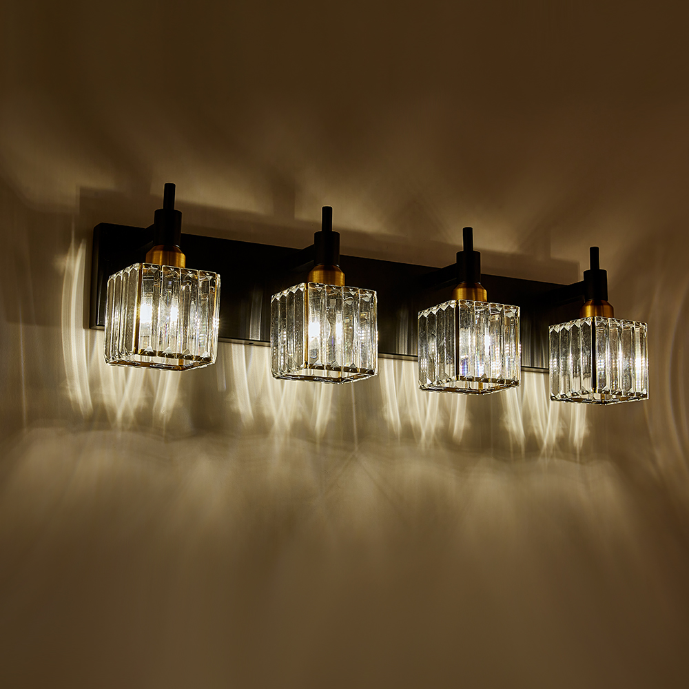 Glam Modern 27.6" Wide 4 Light Crystal Square Wall Sconce Vanity Light in Chrome/ Black+Brass Finish for Mirror Bedroom Bathroom Hallway
