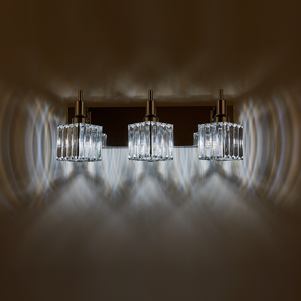 Glam Modern 19.7" Wide 3 Light Crystal Square Wall Sconce Vanity Light in Chrome/ Black+Brass Finish for Bedroom Bathroom Hallway