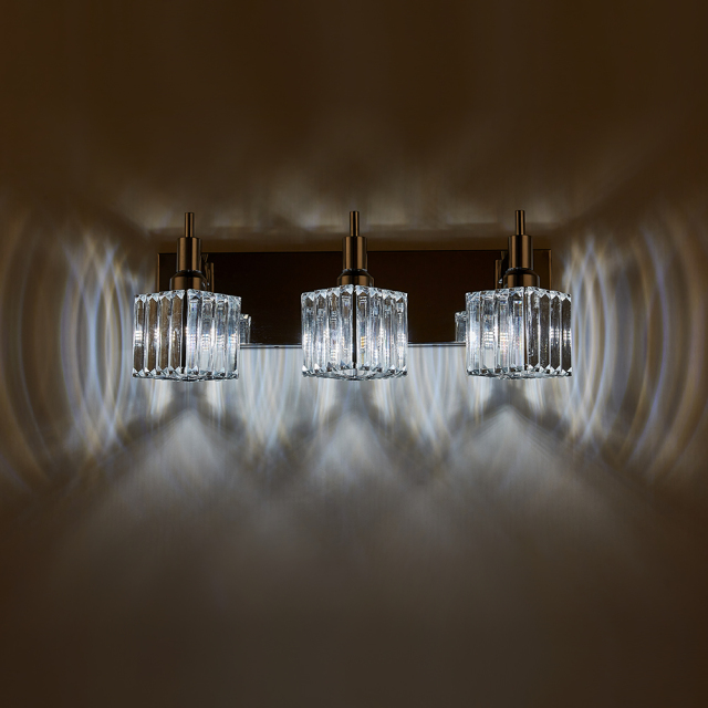 Glam Modern 19.7' Wide 3 Light Crystal Square Wall Sconce Vanity Light in Chrome/ Black+Brass Finish for Mirror Bedroom Bathroom Hallway