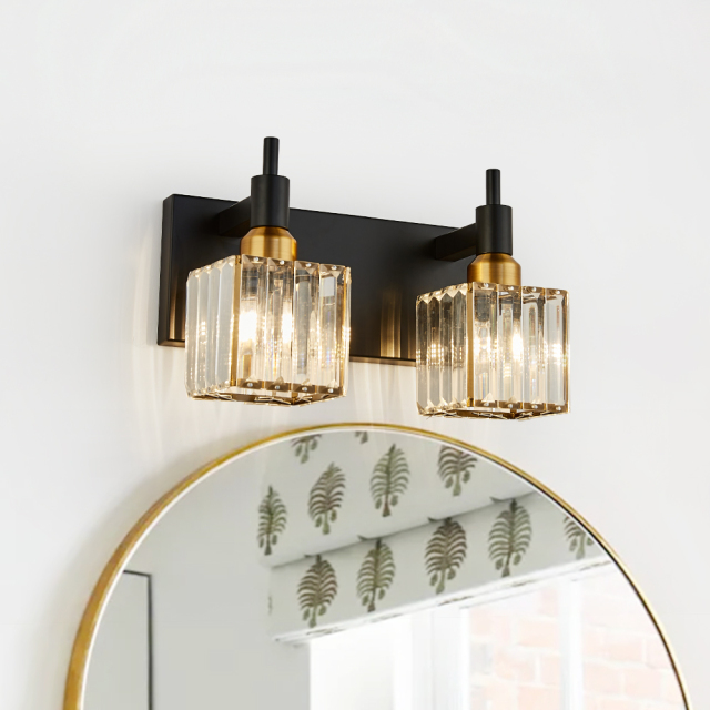 Glam Modern 11.8' Wide 2 Light Crystal Square Wall Sconce Vanity Light in Chrome/ Black+Brass Finish for Mirror Bedroom Bathroom Hallway