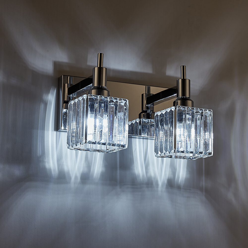 Glam Modern 11.8" Wide 2 Light Crystal Square Wall Sconce Vanity Light in Chrome/ Black+Brass Finish for Mirror Bedroom Bathroom Hallway