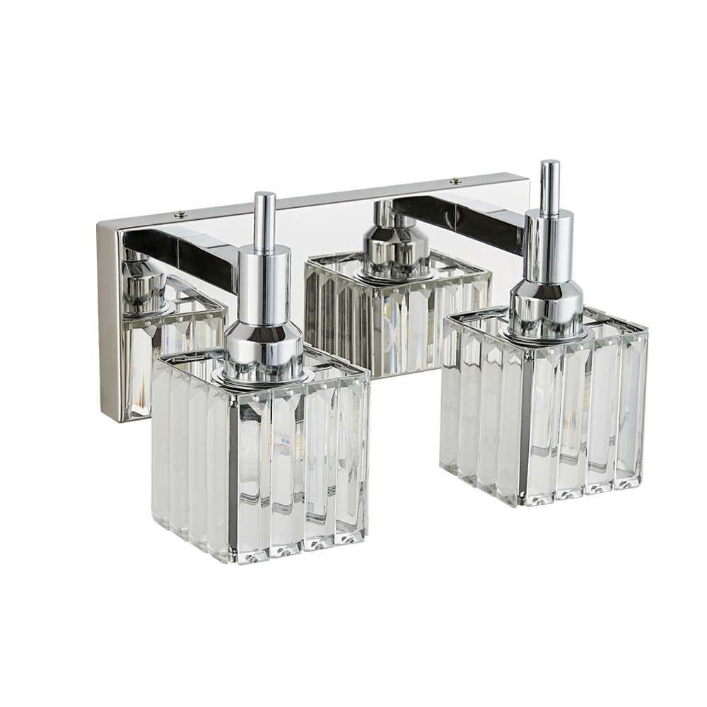 Glam Modern 11.8" Wide 2 Light Crystal Square Wall Sconce Vanity Light in Chrome/ Black+Brass Finish for Mirror Bedroom Bathroom Hallway