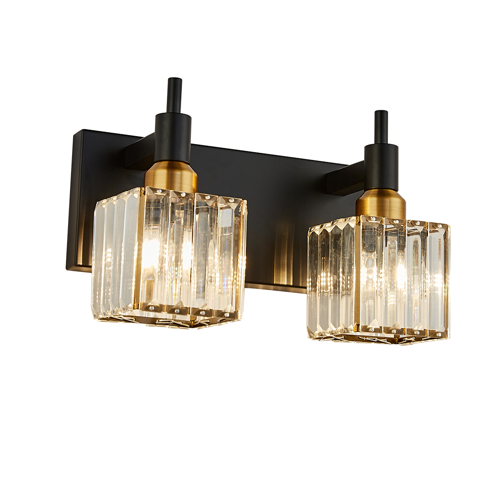 Glam Modern 11.8" Wide 2 Light Crystal Square Wall Sconce Vanity Light in Chrome/ Black+Brass Finish for Mirror Bedroom Bathroom Hallway