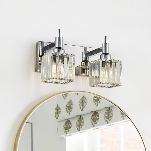 Glam Modern 11.8' Wide 2 Light Crystal Square Wall Sconce Vanity Light in Chrome/ Black+Brass Finish for Mirror Bedroom Bathroom Hallway