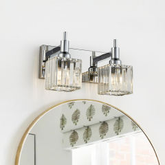 Glam Modern 11.8" Wide 2 Light Crystal Square Wall Sconce Vanity Light in Chrome/ Black+Brass Finish for Mirror Bedroom Bathroom Hallway