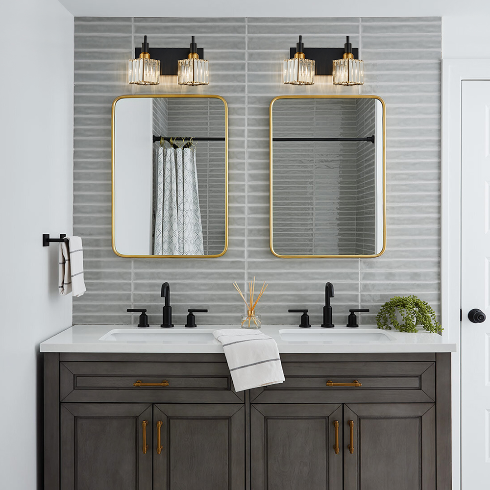 Glam Modern 11.8" Wide 2 Light Crystal Square Wall Sconce Vanity Light in Chrome/ Black+Brass Finish for Mirror Bedroom Bathroom Hallway