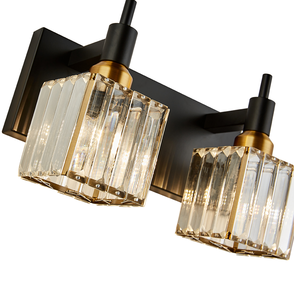 Glam Modern 11.8" Wide 2 Light Crystal Square Wall Sconce Vanity Light in Chrome/ Black+Brass Finish for Mirror Bedroom Bathroom Hallway