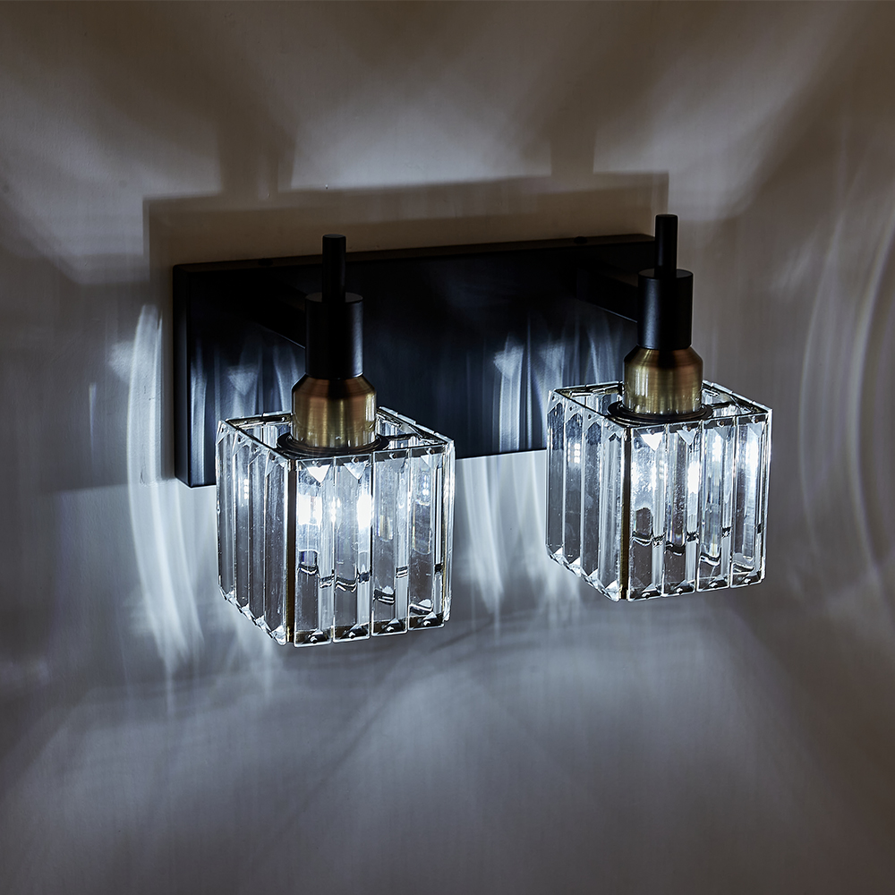 Glam Modern 11.8" Wide 2 Light Crystal Square Wall Sconce Vanity Light in Chrome/ Black+Brass Finish for Mirror Bedroom Bathroom Hallway