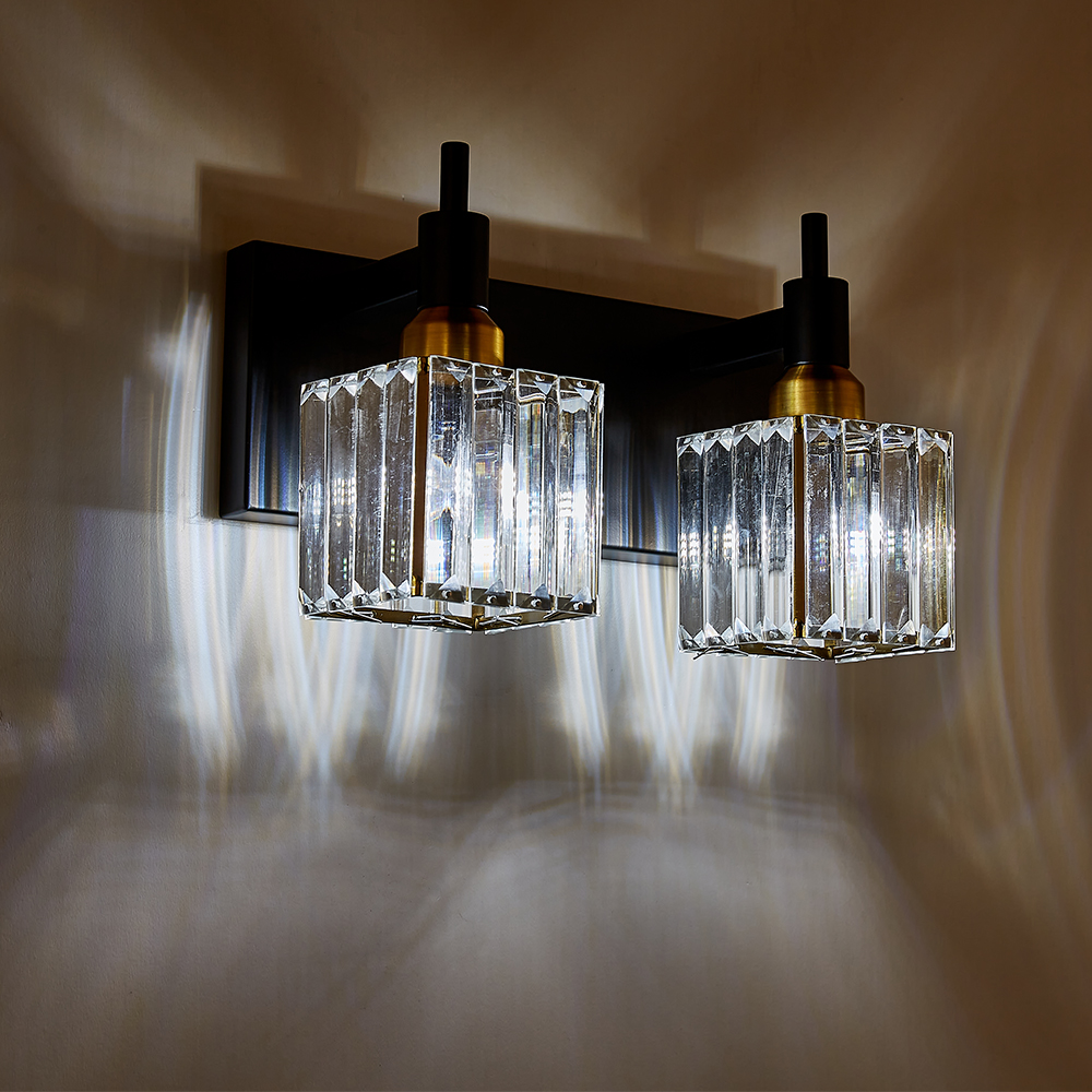 Glam Modern 11.8" Wide 2 Light Crystal Square Wall Sconce Vanity Light in Chrome/ Black+Brass Finish for Mirror Bedroom Bathroom Hallway