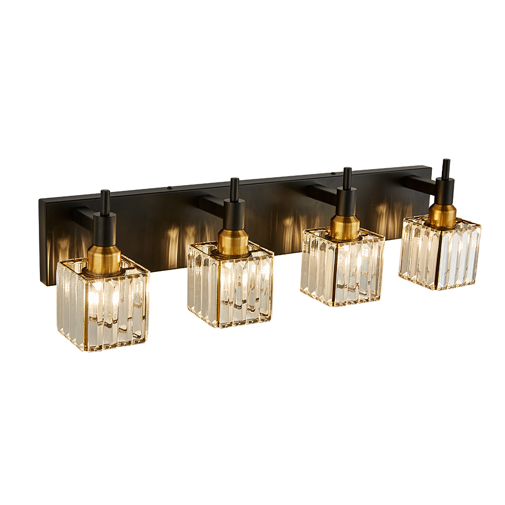 Glam Modern 27.6" Wide 4 Light Crystal Square Wall Sconce Vanity Light in Chrome/ Black+Brass Finish for Mirror Bedroom Bathroom Hallway