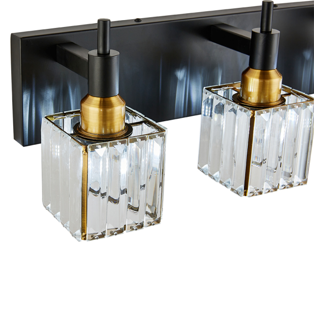 Glam Modern 19.7" Wide 3 Light Crystal Square Wall Sconce Vanity Light in Chrome/ Black+Brass Finish for Bedroom Bathroom Hallway