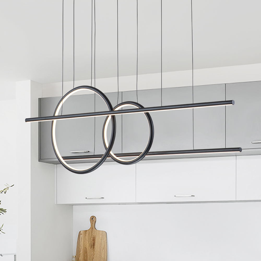 Modern Two Ring Black Linear LED Chandelier in 3000K Warm White for Bedroom Living Room Dining Room