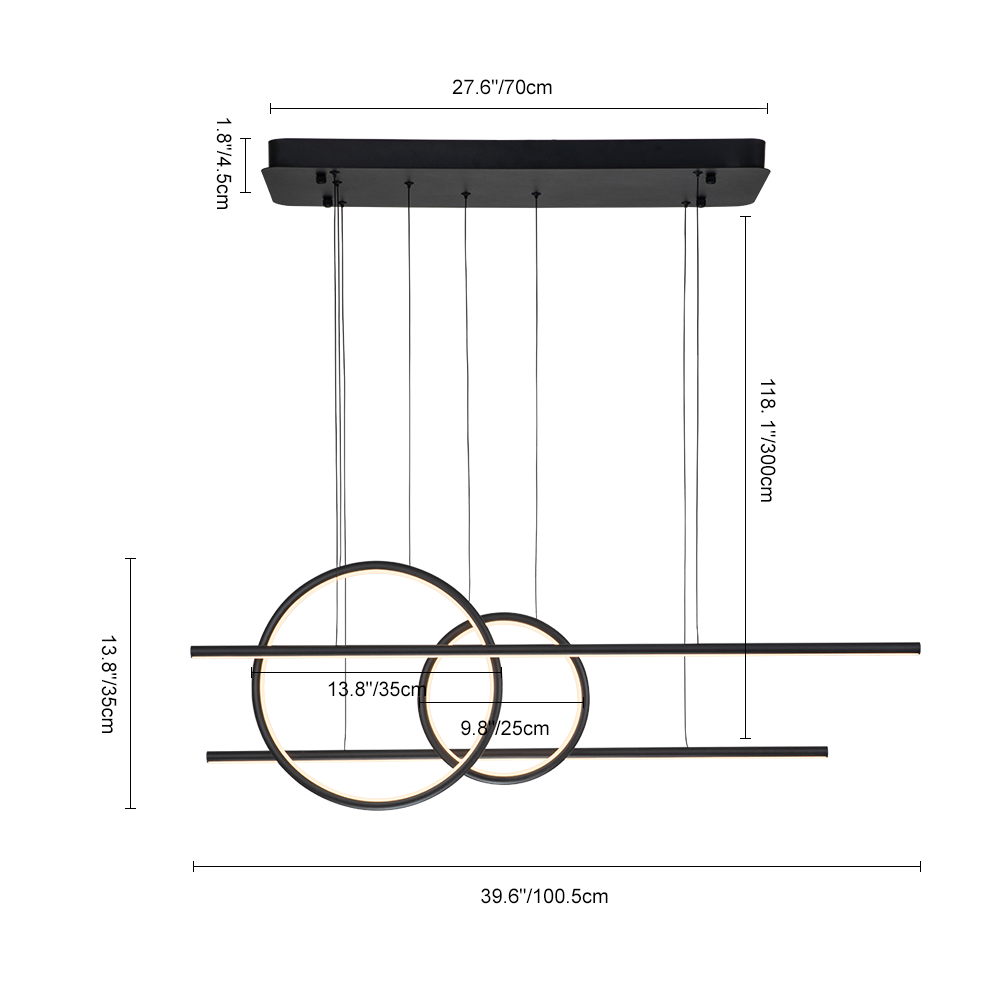 Modern Two Ring Black Linear LED Chandelier in 3000K Warm White for Bedroom Living Room Dining Room