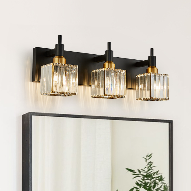 Glam Modern 19.7' Wide 3 Light Crystal Square Wall Sconce Vanity Light in Chrome/ Black+Brass Finish for Mirror Bedroom Bathroom Hallway