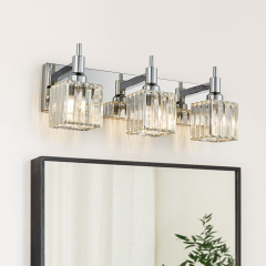 Glam Modern 19.7" Wide 3 Light Crystal Square Wall Sconce Vanity Light in Chrome/ Black+Brass Finish for Bedroom Bathroom Hallway