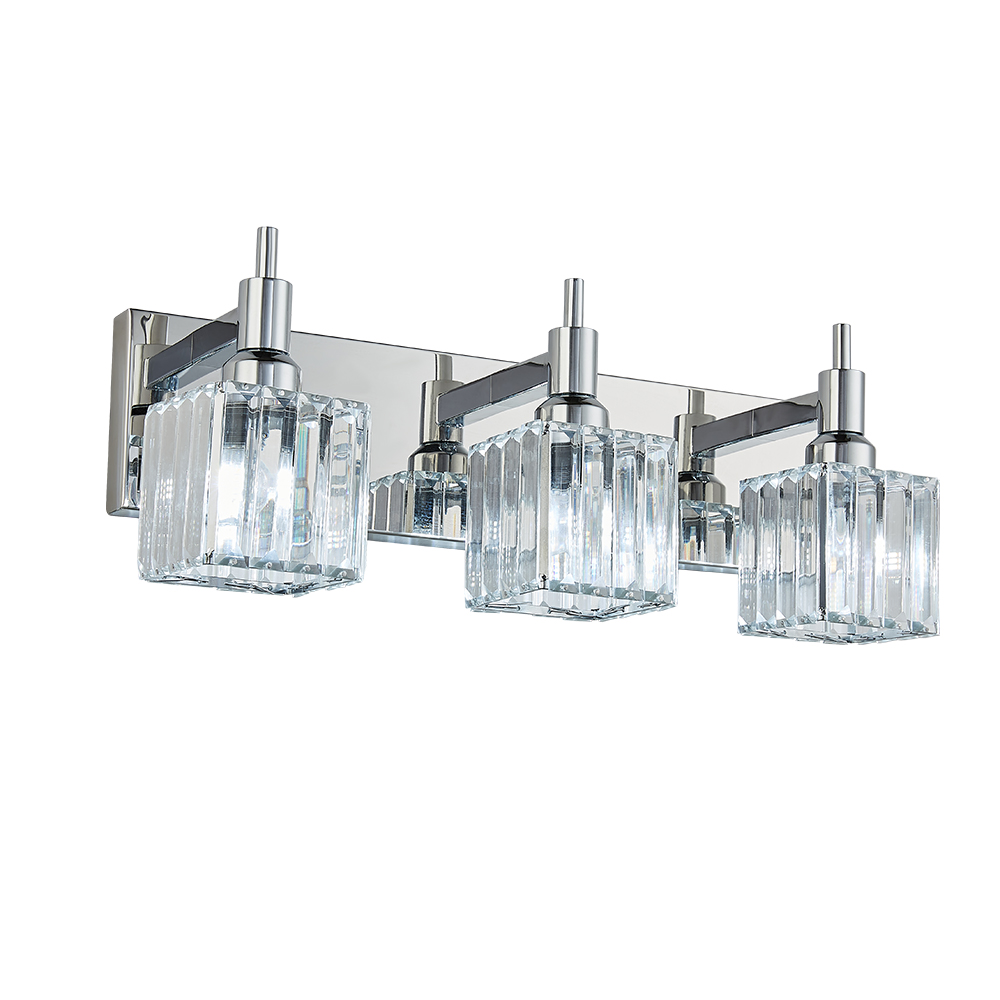 Glam Modern 19.7" Wide 3 Light Crystal Square Wall Sconce Vanity Light in Chrome/ Black+Brass Finish for Bedroom Bathroom Hallway