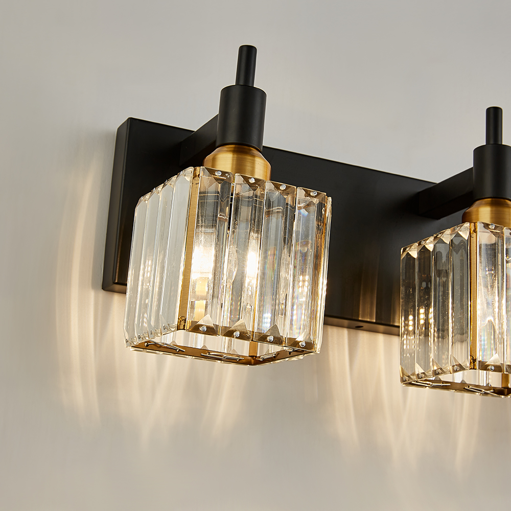 Glam Modern 27.6" Wide 4 Light Crystal Square Wall Sconce Vanity Light in Chrome/ Black+Brass Finish for Mirror Bedroom Bathroom Hallway