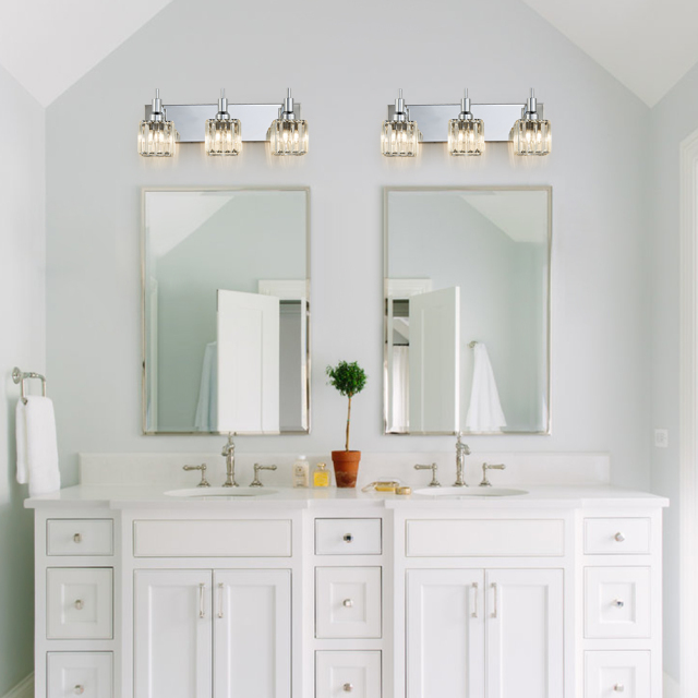 Glam Modern 19.7' Wide 3 Light Crystal Square Wall Sconce Vanity Light in Chrome/ Black+Brass Finish for Mirror Bedroom Bathroom Hallway
