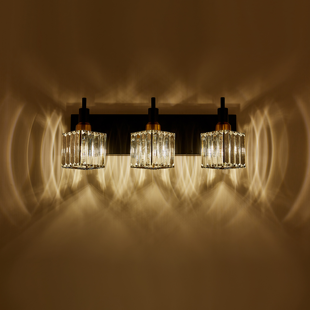 Glam Modern 19.7" Wide 3 Light Crystal Square Wall Sconce Vanity Light in Chrome/ Black+Brass Finish for Bedroom Bathroom Hallway