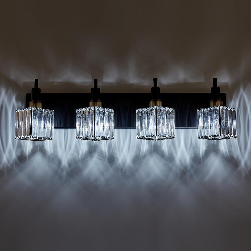 Glam Modern 27.6" Wide 4 Light Crystal Square Wall Sconce Vanity Light in Chrome/ Black+Brass Finish for Mirror Bedroom Bathroom Hallway