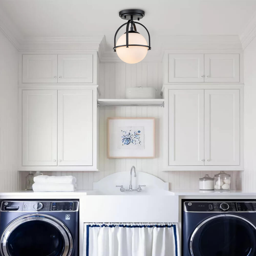 Modern Small Opal Glass Globe Semi Flush Mount Kitchen Ceiling Lighting in Airy Frame Design for Hallway Foyer Entryway