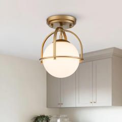 Modern Small Opal Glass Globe Semi Flush Mount Kitchen Ceiling Lighting in Airy Frame Design for Hallway Foyer Entryway