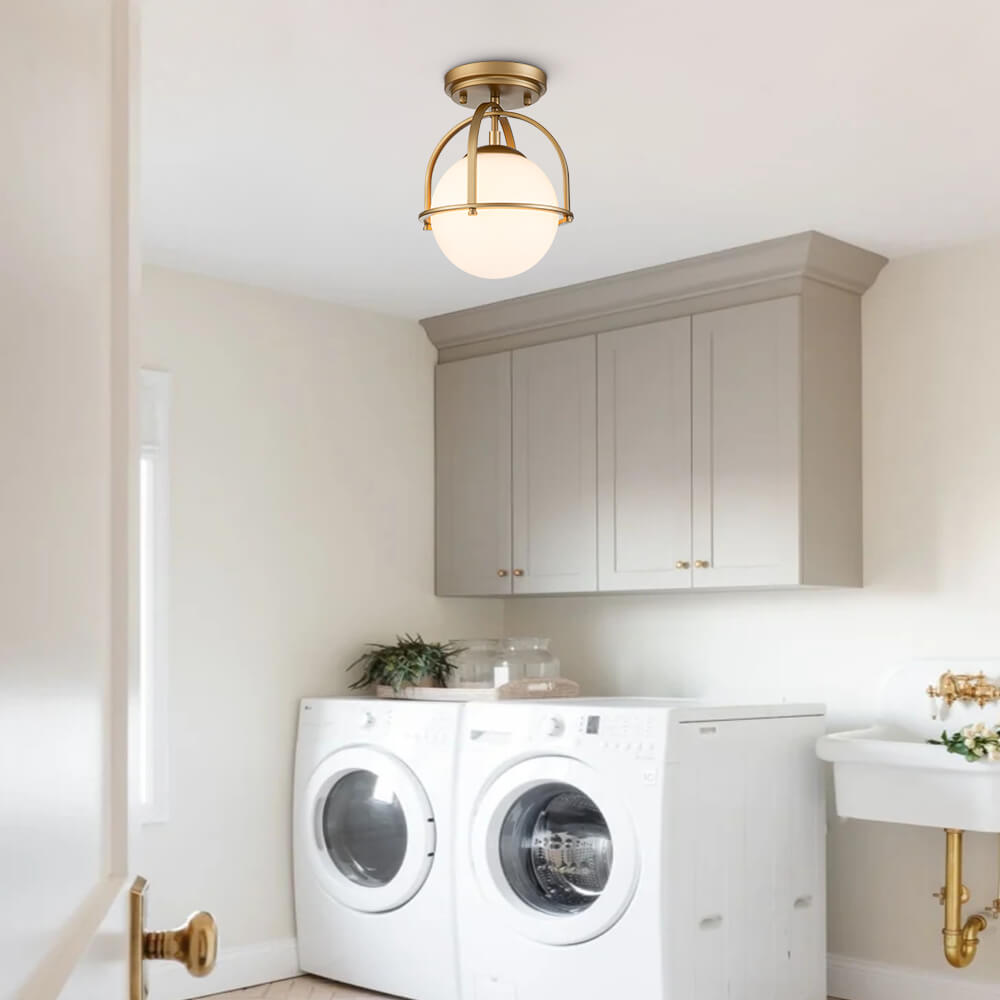 Modern Small Opal Glass Globe Semi Flush Mount Kitchen Ceiling Lighting in Airy Frame Design for Hallway Foyer Entryway