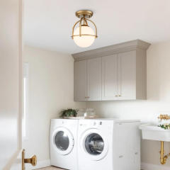 Modern Simple Opal Glass Globe Semi Flush Mount Ceiling Lighting in Airy Frame Design for Kitchen Island /Dining Room /Hallway