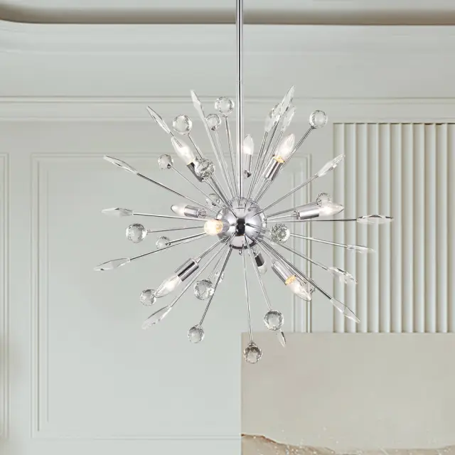 Modern Crystal Sunburst Chandelier 8/9-Light Sputnik Firework Chandelier Pendant Lighting for Restaurant/ Living Room/ Bedroom