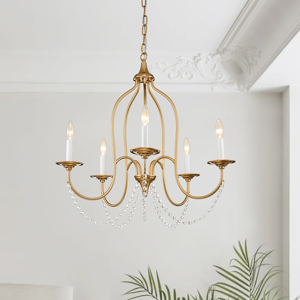 Glam Modern 5-Light Crystal Candle Style Chandelier in Brass /Nickel Finish for Living Room/ Dining Room/ Kitchen