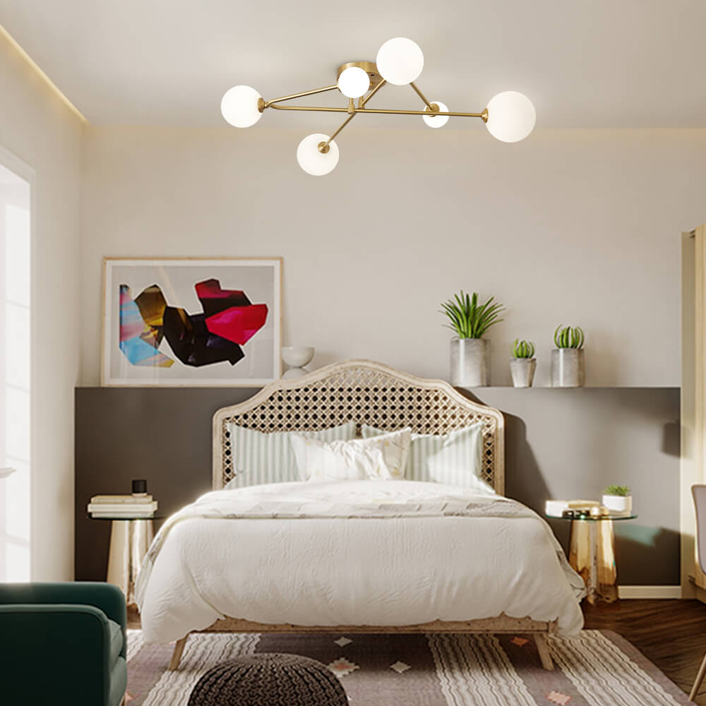 Mid-century Modern Cross Brass Sputnik Opal Globes 6 Light Semi Flush Mount Ceiling Light for Living / Dining Room Bedroom