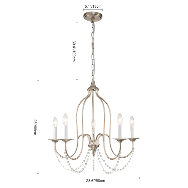 Glam Modern 5-Light Crystal Candle Style Chandelier in Brass /Nickel Finish for Living Room/ Dining Room/ Kitchen