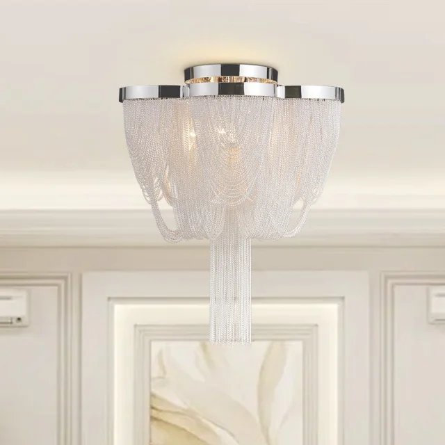 5-Light Modern Glam Tassel Flush Mount Ceiling Light in Black/ Chrome ...