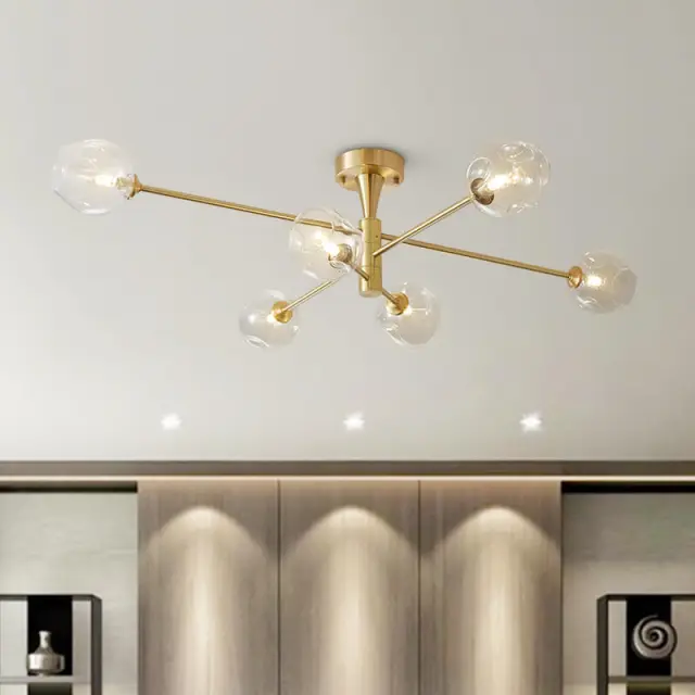 Modern Mid-Century 6 Light Sputnik Open Glass Shade Flush Mount Ceiling Light in Brass for Bedroom Living Room