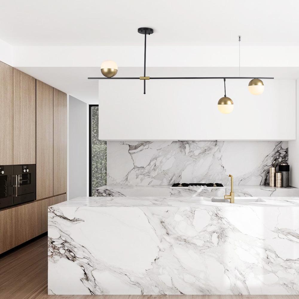 Mid-Century Modern 3 Light Linear Offest Ceiling Pendant Light in Black and Brass with Glass Globes for Dining Room Kitchen Island Restaurant