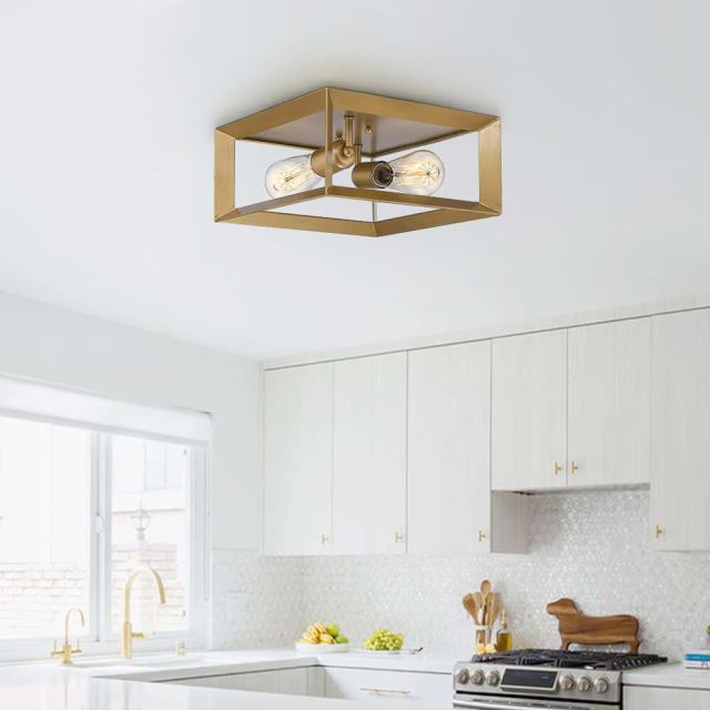 Modern Farmhouse Square Metal Kitchen Flush Mount Ceiling Light Fixtures in Black/ Gold Finish